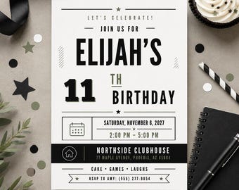 11th Birthday Invitation Boy, Minimalist Birthday Invite, Tween Birthday Party, Modern Black Olive, Editable Canva Template