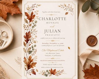 May include: A rectangular wedding invitation card featuring a watercolor illustration of autumn leaves and branches along the left side and bottom. The text reads Charlotte Monroe and Julian Prescott, November 14, 2026, at The Maplewood Estate.