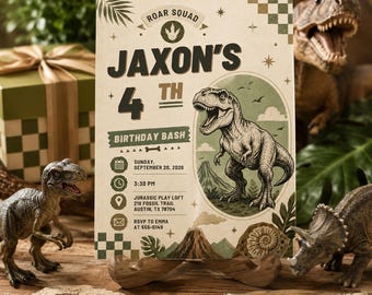 Dinosaur Birthday Invitation, T Rex Jurassic Party Invite, Editable Canva Template (Digital Download)