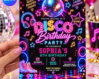 May include: A rectangular disco birthday party invitation featuring a neon-style design with a disco ball, roller skates, speakers, and headphones. Text includes: You're invited to a Disco Birthday Party to celebrate Sophia's 8th birthday.