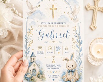 Boy Baptism Invitation, Blue Watercolor Cross, Bunny, Editable Canva Template (Digital Download)