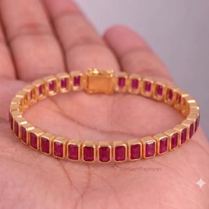 Emerald-Cut Ruby Tennis Bracelet in Solid 18K Yellow Gold -Inspired Gemstone Bracelet for Women