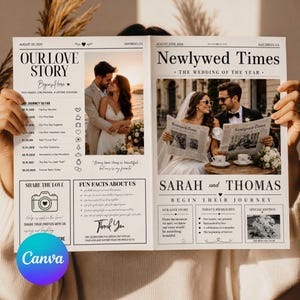 May include: A custom newspaper-style wedding programme titled Newlywed Times featuring Our Love Story, a timeline of relationship milestones, and photographs of a couple. The layout includes sections for fun facts, photo sharing, and wedding highlights.