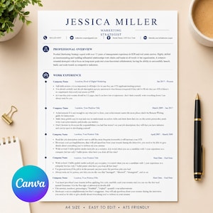 May include: A professional CV template for Jessica Miller, a Marketing Strategist, featuring a clean white layout with dark blue text, contact information, professional overview, and work experience sections in an A4 size format.