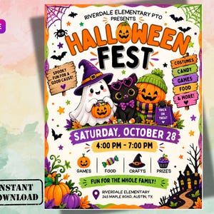 Pode incluir: Um folheto do evento Halloween Fest para a Riverdale Elementary PTO no sábado, 28 de outubro, das 16h às 19h. O gráfico apresenta um fantasma, um gato preto e uma abóbora, com texto listando atividades como fantasias, doces e jogos.