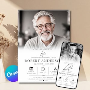 May include: A funeral program template featuring a black and white portrait of an older man with glasses and a beard. The text reads A Celebration of Life, Honoring the Wonderful Life of Robert Anderson, 22.06.1948 - 15.05.2025, Sunday 25 May 2025, 11:00 AM.