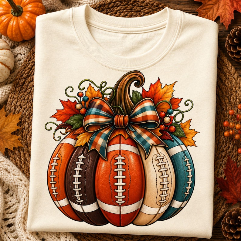 May include: A cream-coloured t-shirt featuring a graphic of a pumpkin composed of multiple footballs in shades of orange, brown, cream, and teal. The pumpkin is adorned with a plaid bow, autumn leaves, and small berries in a festive autumn design.