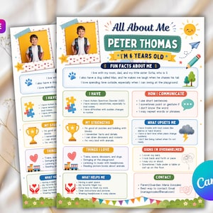 May include: A colorful All About Me information sheet for a six-year-old named Peter Thomas. The document includes a photo of a child, sections for fun facts, strengths, communication style, triggers, and contact details with icons and text.