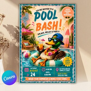 Party Dude Pool Party Summer Party Birthday Pool Party Invitation Duck Invite Boys Pool Party