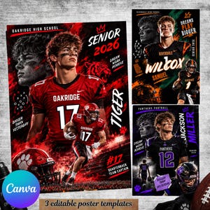 May include: Three editable sports poster templates featuring football players in red, black, and purple uniforms. The designs include text such as SENIOR 2026, OAKRIDGE, WILCOX, SAMUEL, JACKSON MILLER, and PANTHERS FOOTBALL, with graphic elements like tiger and paw prints.
