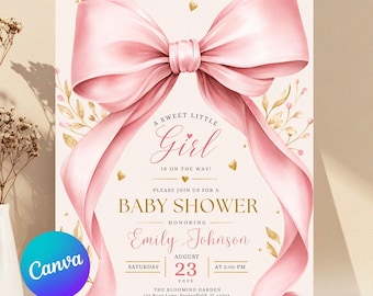 May include: A baby shower invitation card featuring a large, soft pink satin bow at the top, gold leaf accents, and text that reads A SWEET LITTLE GIRL IS ON THE WAY! BABY SHOWER HONORING EMILY JOHNSON SATURDAY AUGUST 23 2025 AT 2:00 PM.