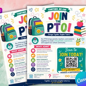 Modello di volantino PTA PTO, poster di reclutamento scolastico modificabile (Canva)