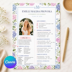 May include: A resume template featuring a floral border of pink and blue hydrangeas. The document includes a circular photo of a person, the name Emilli Malisa Provoka, University of Florida Class of 2030, and sections for personal details, academic profile, honors, and leadership experience.
