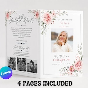 May include: A funeral program brochure featuring pink roses and green foliage illustrations. The text reads With Grateful Hearts, Celebrating the life of Elizabeth Marie Thompson, May 12, 1950 - June 20, 2024, and includes four black and white photos.