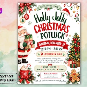 May include: A Christmas potluck invitation flyer featuring Santa Claus holding gifts, a decorated tree, and a gingerbread man. Text reads: You're invited to our Holly Jolly Christmas Potluck, Thursday, December 19, 12:00 PM - 2:30 PM, Community Hall.