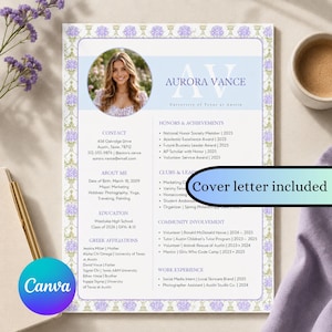 May include: A resume template featuring a floral border in shades of purple and green. The document includes a circular photo of a person, the name Aurora Vance, contact details, education, honors, and a blue banner stating Cover letter included.