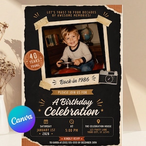 May include: A black birthday invitation card featuring a central photograph of a child in a striped shirt, with text reading Let's toast to four decades of awesome memories, 40 years young, Back in 1986, and A Birthday Celebration with event details.
