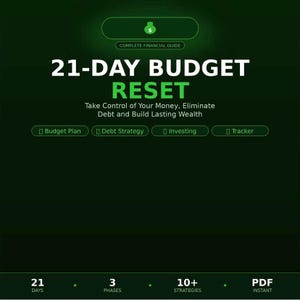 Può includere: Una guida finanziaria digitale verde scuro intitolata 21-DAY BUDGET RESET. Include il testo Take Control of Your Money, Eliminate Debt and Build Lasting Wealth, con sezioni per Budget Plan, Debt Strategy, Investing e Tracker.