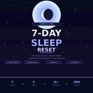Può includere: Una guida digitale blu scuro intitolata 7-DAY SLEEP RESET con un grafico a mezzaluna. Include il testo: Complete Guide, Fall Asleep Faster, Sleep Deeper and Wake Up Energized Every Morning, oltre a Sleep Hygiene, Supplements, Nutrition, Relaxation, 7 Nights, 3 Pillars, 8+ Techniques e PDF Instant.