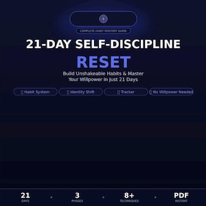 Può includere: Una guida digitale blu scuro intitolata 21-DAY SELF-DISCIPLINE RESET. Presenta il testo Build Unshakeable Habits & Master Your Willpower in Just 21 Days, con sezioni per Habit System, Identity Shift, Tracker e No Willpower Needed.