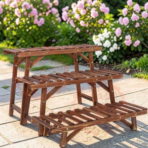 May include: A three-tiered wooden plant stand featuring a slatted design with a dark brown finish. The structure consists of three horizontal shelves arranged in a stepped formation, supported by angled wooden legs and reinforced with metal screws.