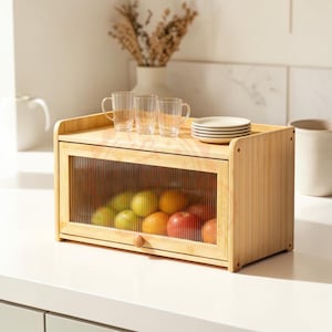 Bamboo Bread Bin With Acrylic Window, Wooden Food Storage Box, Kitchen Counter Organizer