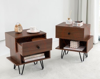 Set Of 2 Walnut Nightstand Table, Mid Century Modern, Bedside Cabinet