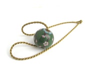 Large Vintage Chinese Japanese Cloisonne Netsuke Necklace Yellow Silk Chord with Green with Pink Blossom Bead