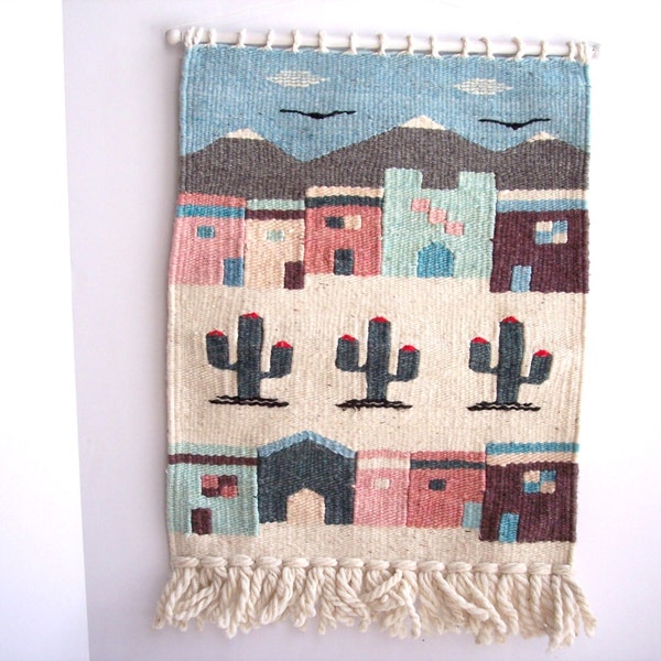 Southwestern Hand Woven Wall Hanging Vintage Cactus Pueblo Textile