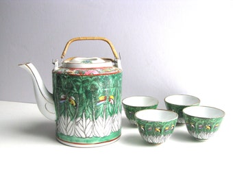 Lovely Asian Tea Pot In Teal Gold Spring Green Cabbage Butterflies Pattern with 4 Teacups