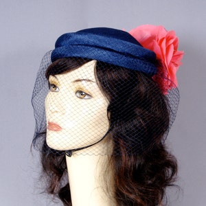 1940s Style Veiled Turban Pillbox Hat with Carnation