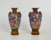 Vintage Satsuma Vases, Pair of 1960s Japanese Pottery Handpainted Moriage Vases