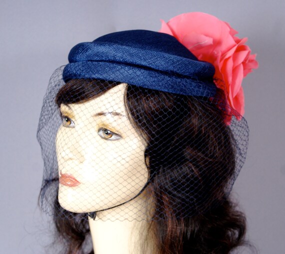 1940s Style Veiled Turban Pillbox Hat with Carnat… - image 2