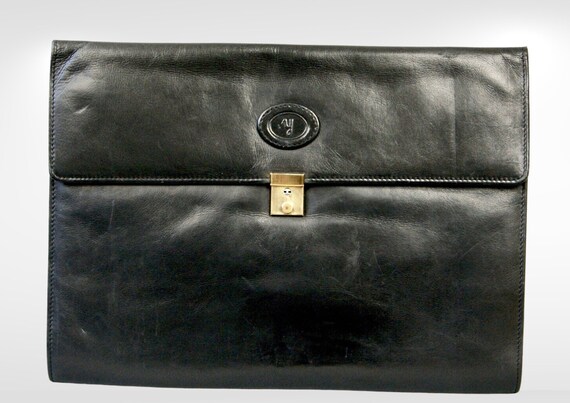 1980s Real Leather Black Satchel Bag,  Envelope B… - image 1