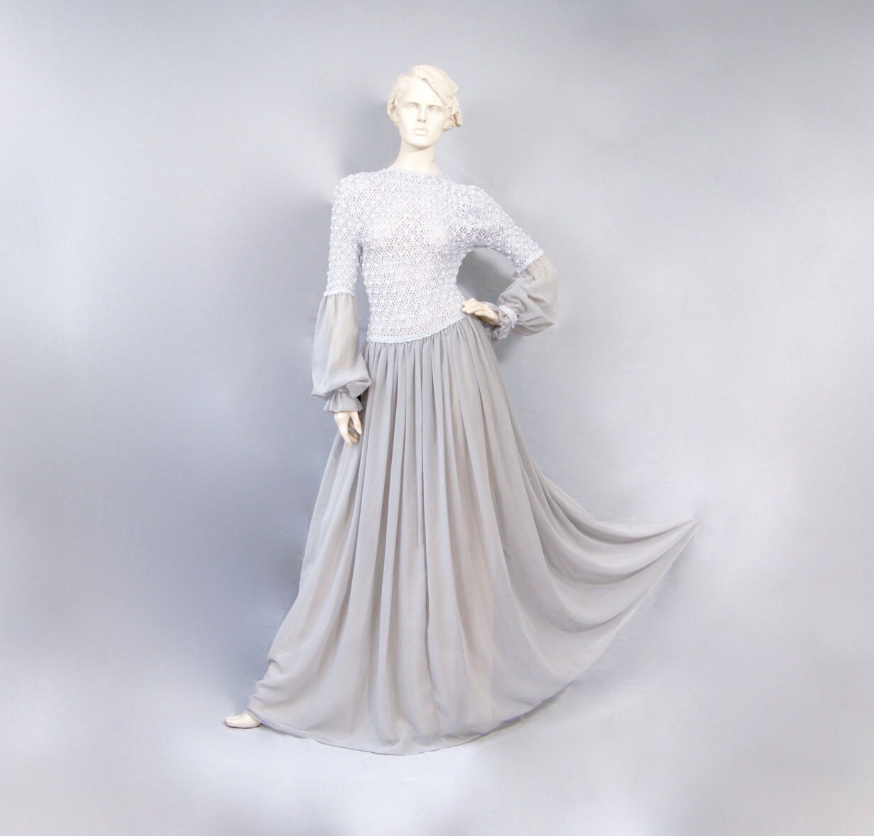 Image of Anthony James Couture Wedding Gown, S Silver Lame Macrame Keyhole Lace Dress