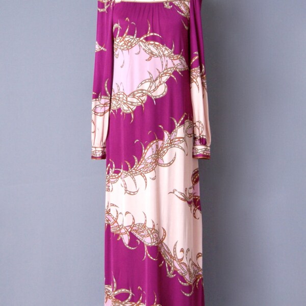 EMILIO PUCCI Vintage 1960s Floral Magenta Pink Silk Jersey Empire Line Maxi Dress