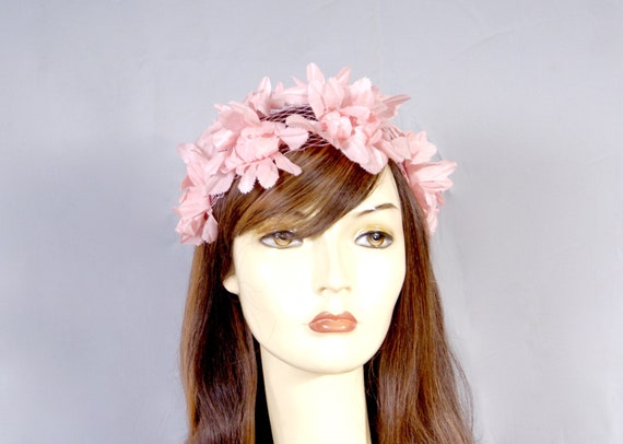 50s Pink Petal Bridal Wedding Fascinator, Pillbox… - image 2