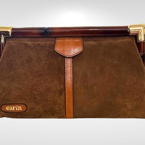 Vintage 1970s CARIN Suede Leather and Bamboo Brown Clutch Bag