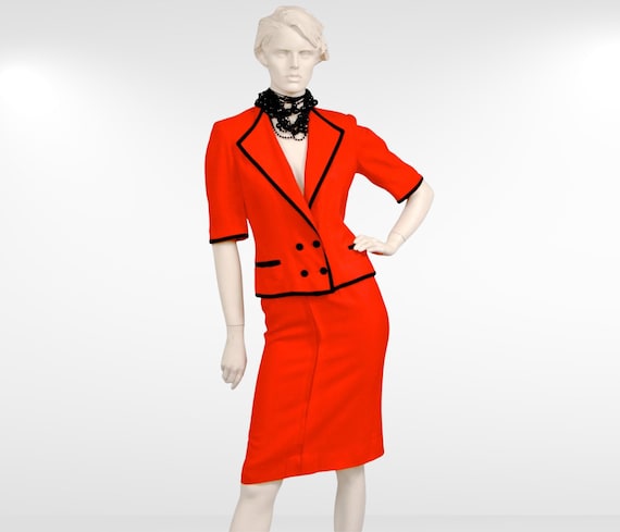 1980s Louis Feraud Tailored Skirt Suit, Designer Skirt & Blouse Red.