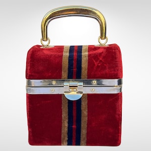 Vintage 1960s Structured Mini Box Bag in Red Velvet with Stripes Made in Italy