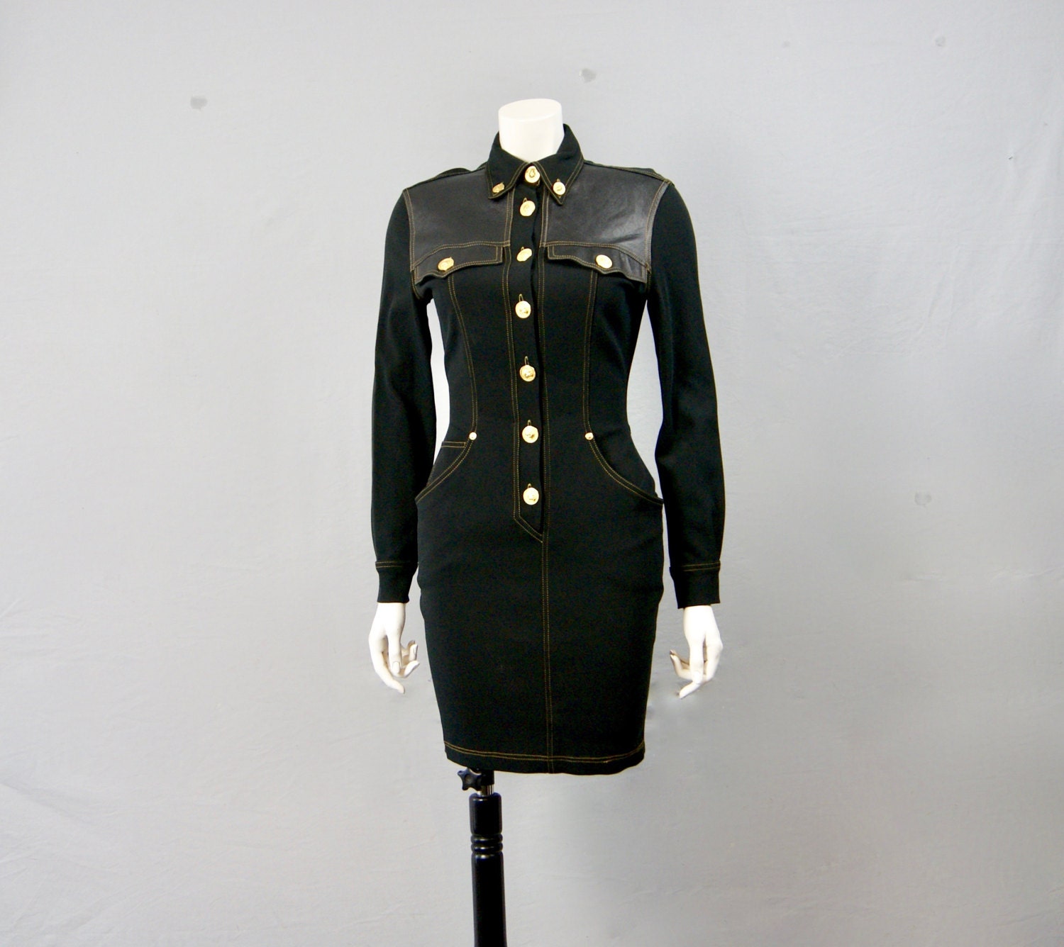 Image of Vintage Versus Gianni Versace Leather Dress, Body Con Dress With Cheeky Tasseled Pockets