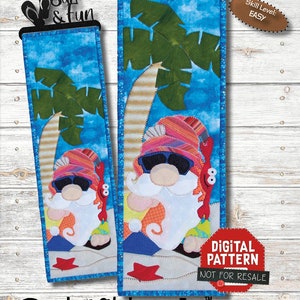 May include: A digital pattern for a July gnome quilt block. The gnome is wearing sunglasses and a red, white, and blue hat. The gnome is sitting under a palm tree on a beach. The pattern is 6 inches by 20 inches and is part of the "Panama Jack" series. The text "July #7 of 12" is in a brown circle. The text "Skill Level: EASY" is in a brown rectangle. The text "Digital Pattern" is in a red rectangle. The text "NOT FOR RESALE" is in a red circle. The text "Patch Abilities, Inc." is at the bottom of the image.