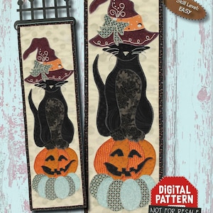 May include: A digital pattern for a black cat wearing a witch's hat and sitting on a pumpkin. The pattern is titled "Black Cat in Witch's Hat" and is 6 inches by 21 inches. The skill level is easy.