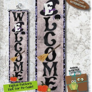 Może przedstawiać: Baner powitalny o tematyce Halloween z napisem "WELCOME" w kolorze czarnym, z kapeluszem czarownicy, pająkiem i miotłą. Baner ma szerokość około 15 cm i długość 58 cm. Poziom umiejętności: średniozaawansowany.