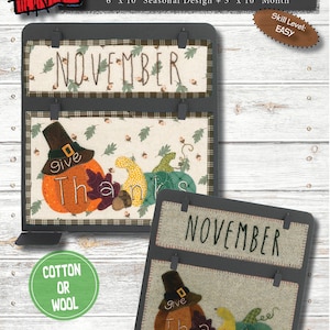 Puede incluir: Un calendario de temporada con la palabra "NOVIEMBRE" en la parte superior. El calendario presenta un diseño con calabazas, hojas y las palabras "Give Thanks". El calendario mide aproximadamente 15 cm x 25 cm.