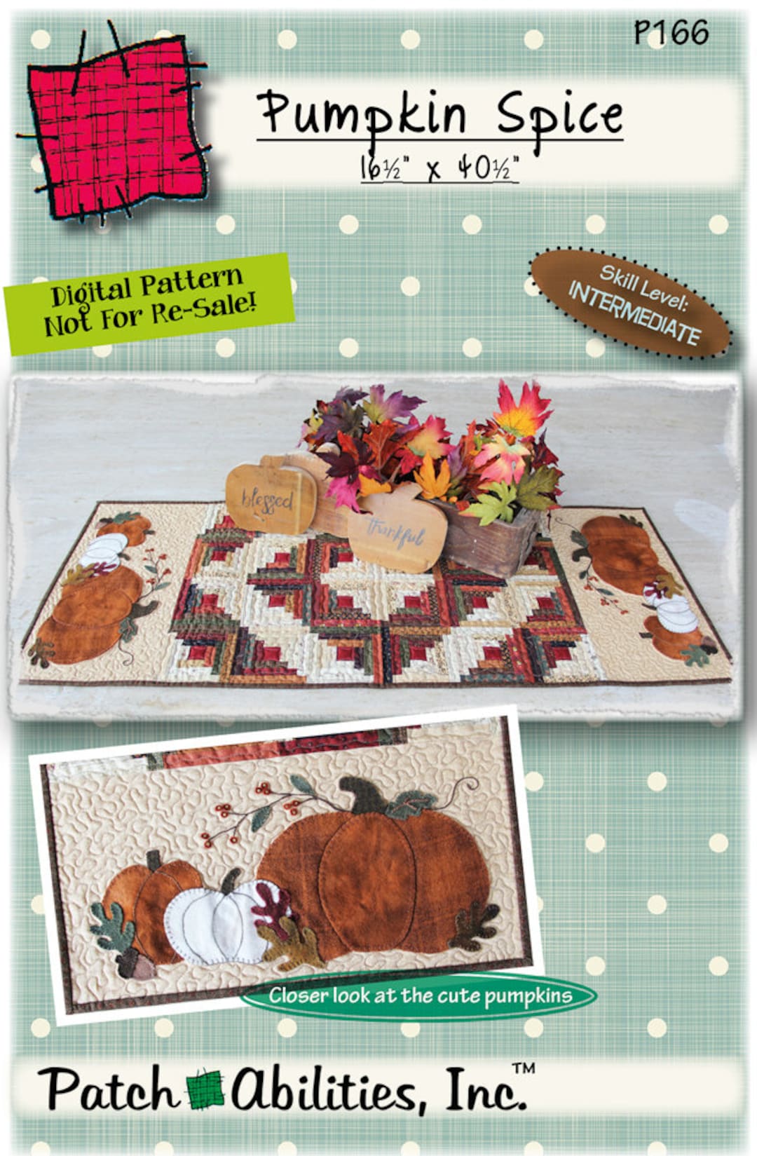 P166 Pumpkin Spice Table Runner Instant PDF Digital Download Sewing Pattern by Patch Abilities, Inc