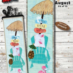 May include: A digital pattern for a quilt block featuring a beach chair with a pineapple drink, a palm tree, and a flamingo. The block is titled "Chill Relax Repeat" and is part of a monthly mini series. The pattern is 6 inches by 20 inches and is labeled as beginner level.