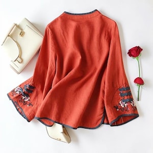 Women's Chinese Embroidery Cotton Linen Blouse | Traditional Tang Style Summer Top | Short Sleeve O-Neck Casual Shirt