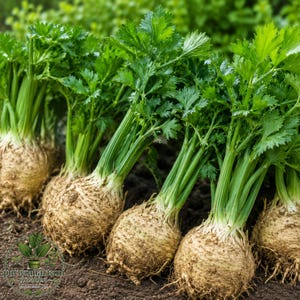 May include: Several celeriac plants growing in dark soil. Each plant features a large, round, beige-colored root bulb with visible fine root hairs at the base, topped with vibrant green, leafy stalks and textured, serrated foliage.