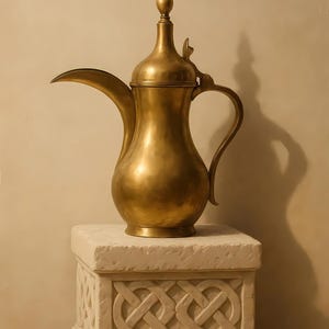 May include: A metallic gold-colored dallah coffee pot with a long curved spout, a hinged lid topped with a pointed finial, and a curved handle. The pot rests on a square, light-colored stone pedestal featuring a carved, repeating knotwork pattern.